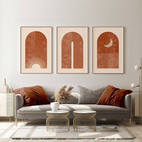 Orange And Brown Living Room, Burnt Orange Bedroom, Burnt Orange Living Room, Orange Rooms, Boho Prints, Beige Living Rooms, Living Room Orange, Mid Century Wall Art, Bedroom Orange