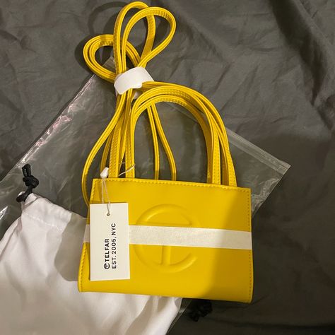 Brand New Telfar Mini Bag Color Yellow Comes With Dust Bag 100 Percent Authentic Yellow Designer Bag, Yellow Crossbody Bag, Yellow Telfar Bag, Telfar Mini Bag, Yellow Telfar, Tiffany's Jewelry, Telfar Bags, Yellow Purse, Yellow Tote Bag