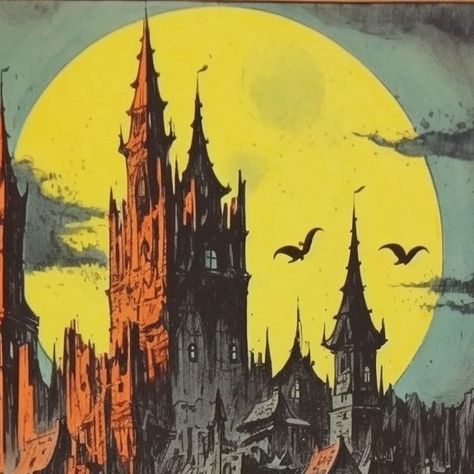 Neural Horror on Instagram: "some nights, the moon calls - Follow for new eerie art every day, prints available (link in bio) - #art #ai #aiart #midjourney #horror ⁠#gothic #darkart #moody #creepy #eerie #spooky #halloween #castle #dracula #transylvania" Vintage Vampire Illustration, Creepy Castle Drawing, Vintage Spooky Art, Spooky Castle Drawing, Dracula’s Castle, Vampire Castle Art, Haunted Background, Gothic Castle Art, Spooky Castle Illustration