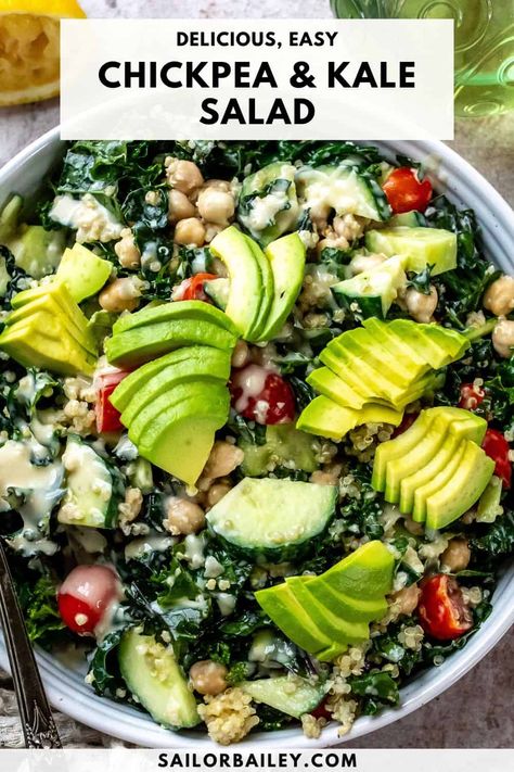 This Chickpea and Kale Salad Recipe With Lemon Honey Dressing is full of nutritious, filling ingredients, ready in under 15 minutes.   via @sailor_bailey Lemon Honey Dressing, Sailor Bailey, Recipe With Lemon, Pea Salad Recipes, Honey Dressing, Massaged Kale, Kale Salad Recipes, Superfood Salad, Lemon Honey