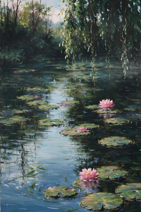 Water Lily Painting Monet, Monet Lilies Painting, Watercolour Pond Painting, Water Lily Oil Painting, Water Pond Painting, Oil Painting Water Lilies, Nature Painting Reference, How To Paint A Pond, Boat In Water Painting