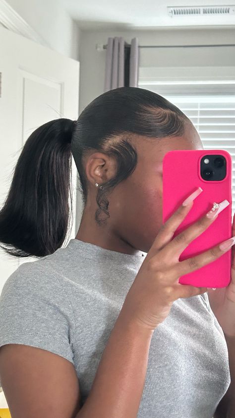 Unique Slick Back Hairstyles, Hair Appointment Outfit Black Women, Barbie Pony, Pressed Natural Hair, Slicked Back Ponytail, Silk Press Natural Hair, Frontal Wig Hairstyles, Brown Hair Inspo, Dyed Natural Hair