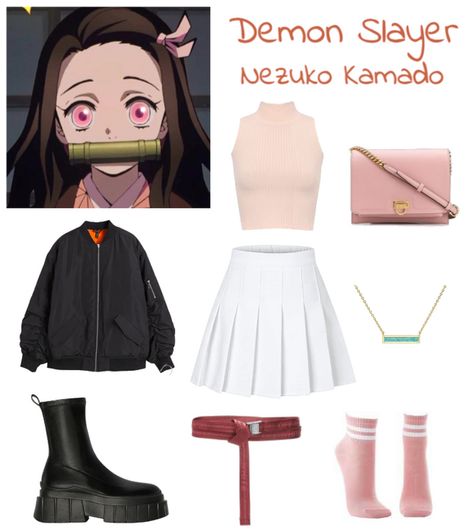 Channel the fierce yet graceful spirit of Nezuko Kamado with this demon slayer-inspired outfit. Featuring a blend of soft pastels and sharp black accents, this look is perfect for anyone looking to add a touch of edge and sophistication to their wardrobe. Whether you're cosplaying or just want to make a statement, this look is sure to inspire others to embrace their own inner strength and beauty. So step into the world of demon slayer with style and confidence! Character Inspired Outfits Anime, Demon Slayer Style, Anime Fashion Outfits, Demon Slayer Zenitsu, Chic Black Outfits, Nezuko Cosplay, Character Inspired Outfits, Anime Inspired Outfits, Casual Cosplay