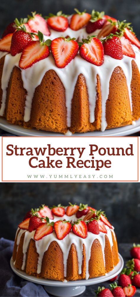 Strawberry Pound Cake Recipe - Yummly Easy Strawberry Pound Cake Recipe, Fresh Strawberry Recipes, Strawberry Pound Cake, Strawberry Glaze, Pound Cake Recipe, Brownie Cupcakes, Pound Cake With Strawberries, Strawberry Puree, Pound Cake Recipes