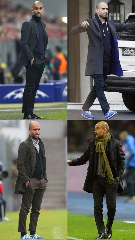 Pep Guardiola Style, Bald Style, Football Dress, David Beckham Style, Bald Men Style, Football Manager, Formal Men Outfit, Men In Suits, Bald Men