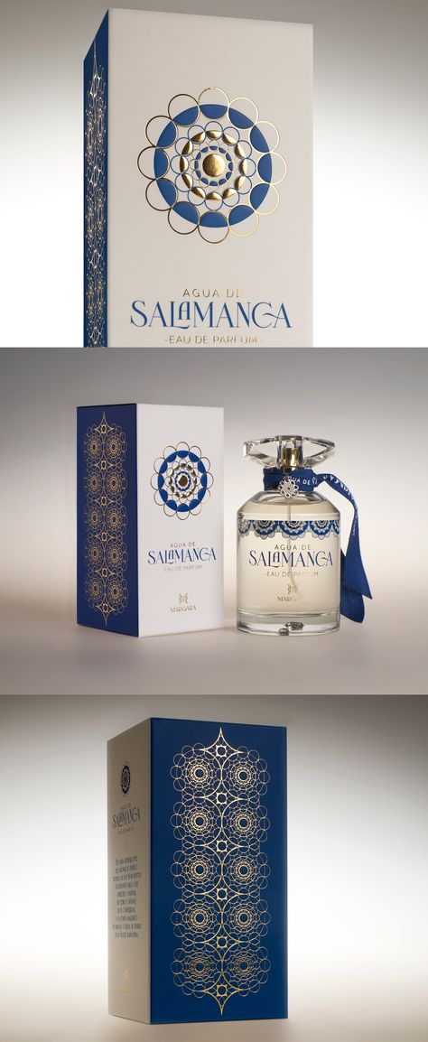 Salvi Design - Packaging Design for Agua de Salamanca Eau de Parfum Created by Salvi Design . For the product image, we chose the concept of the Salamanca charro button. This traditional element is strongly reminiscent of the city, associated with handmade filigree and jewellery. Thanks to its geometric composition, it enables a graphic language which when developed can be used for a sensual and elegant packaging. _ #fashion #packagingdesign Parfum Design Packaging, Perfume Product Design, Traditional Packaging Design, Parfume Package Designs, Parfum Bottle Design, Perfume Branding Packaging, Perfume Design Ideas, Perfume Packaging Ideas, Perfume Branding Design