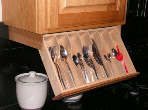 Under-Cabinet Cutlery Storage Solution | If saving space is your goal, you can take advantage of the space under your cabinets and free up your silverware drawer with an under-cabinet option like this one. | Etsy ($39) Rangement Caravaning, Under Cabinet Drawers, Rv Storage Solutions, Cabinet Spice Rack, Silverware Storage, Organiser Cucina, Under Cabinet Storage, Camper Kitchen, Trailer Storage