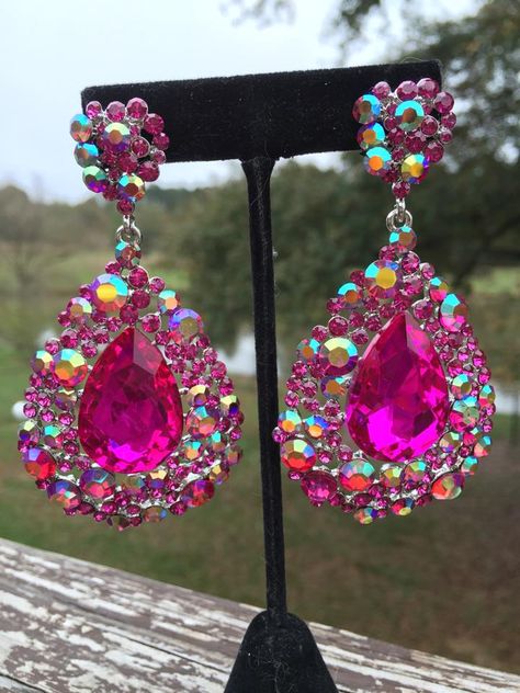 Hot Pink Jewelry, Hot Pink Bracelets, Pink Crystal Bracelet, Hot Pink Earrings, Pageant Earrings, Prom Earrings, Chunky Earrings, Pink Prom, Pink Jewelry