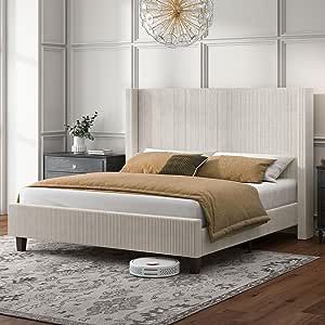 HOWE King Size Upholstered Platform Bed Frame, Wingback Bed with 50.8" Headboard, Corduroy/Solid Wood Leg/No Box Spring Needed/Noise Free/Cream Winged Headboard, Gorgeous Bed, Wingback Bed, Wingback Headboard, Upholstered Bed Frame, Furniture Finishes, Platform Bed Frame, Upholstered Platform Bed, Bedroom Furniture Beds