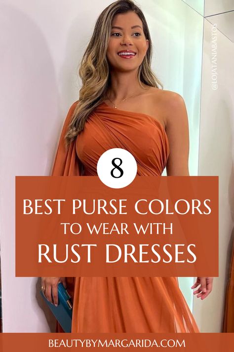 Not sure what color purse to wear with a rust dress? Check out our guide to find the best purse colors to complement your rust dress, whether for a wedding or a laid-back party! Copper Dress Accessories, Shoes For Burnt Orange Dress, Rust Dress Accessories, Burnt Orange Wedding Guest Outfit, Burnt Orange Dress Accessories, Rust Dress Outfit Wedding, Rust Color Dress Outfit, Burnt Orange Dress Outfit Wedding, Copper Dress Outfit