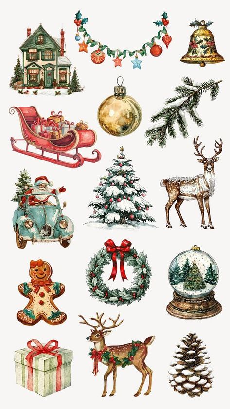 Christmas Vintage Stickers, Christmas Grafic Design, Vintage Christmas Stickers, Vintage Christmas Drawings, Christmas Elements Illustration, Christmas Vintage Images, Christmas Design Graphic Illustration, Christmas Stickers Aesthetic, Christmas Vintage Illustration