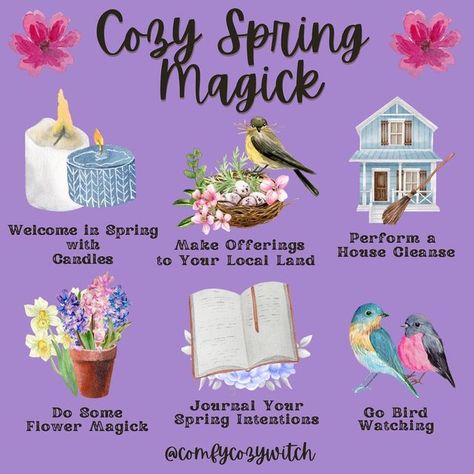 Comfy Cozy Witch Jennie Blonde on Instagram: "Spring is quickly approaching so I decided to share some cozy, magical ways to welcome spring! 💖 . 🕯️ welcome spring with some candle Magick 🕯️ make offerings to your local land 🕯️ perform a house cleanse ritual 🕯️ do some flower magick 🕯️ journal your spring intentions 🕯️ go spring bird watching . . What will you do to welcome spring? . . Feel free to share, but please give credit to @comfycozywitch . #hearthwitchery #greenwitch #witchybook Spring Equinox Ritual Witches, Comfy Cozy Witch, Spring Witchcraft, Spring Witch Aesthetic, Tuesday Magic, Jennie Blonde, Witchy Spring, Witch Holidays, House Cleansing Ritual