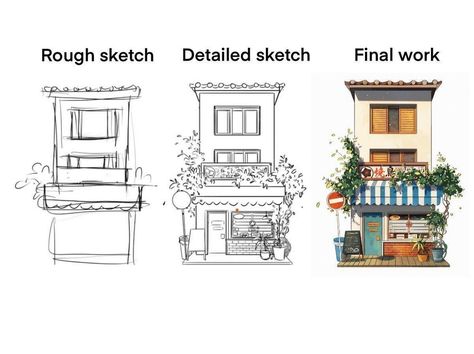 Crafting Outdoor Harmony: Peaceful Exterior Sketches House Front Drawing, Building Art Reference, Urban Watercolor Paintings, Urban Sketching Watercolors, Japanese Store Fronts, Store Sketch, Houses Drawing, Store Drawing, Interior Architecture Sketch