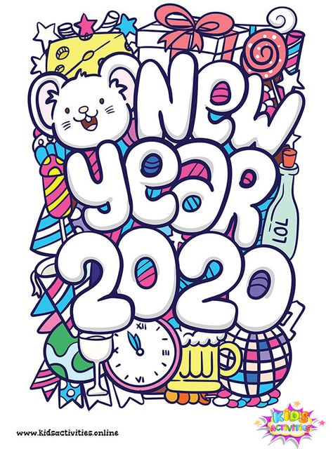 Cartoon Cute New Year Doodle 2020 - Kids Activities Dodells Art, New Year Doodle Art, New Year Illustration Design, Happy New Year Drawing Ideas, Collage Doodles, Happy New Year Drawing, New Year Drawing Ideas, Violin Cake, New Years Drawing Ideas