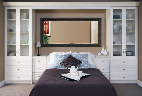 White wall murphy bed with lots of storage for guest room. Storage is completely customizable! Murphy Bed Bedroom, Built In Bedroom Cabinets, Bedroom Built Ins, Storage Solutions Bedroom, Wall Beds, Bedroom Upgrade, Built In Cabinet, Bedroom Cabinets, Guest Room Decor