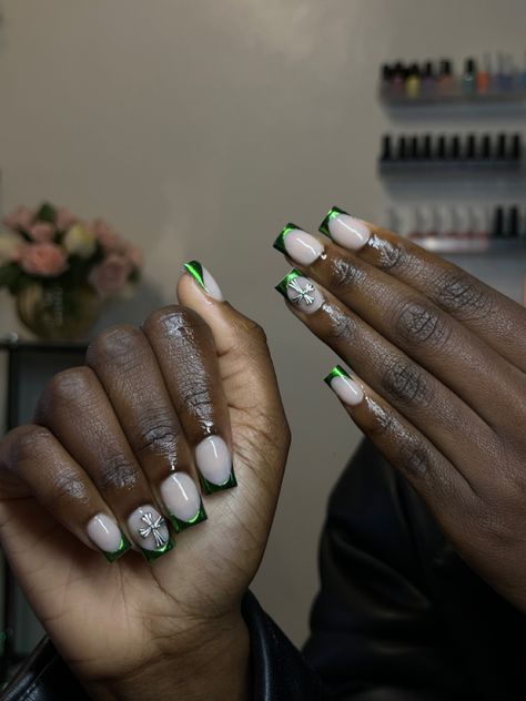 Dark Green French Tip Nails Short, Emerald Green Nails Acrylic Short, Green And White Short Nails, Midnight Green Nails, Black And Green Nails Short, Green And Gold Nails Short, Green Short Acrylic Nails, Dark Green Short Nails, Green Chrome French Tip Nails