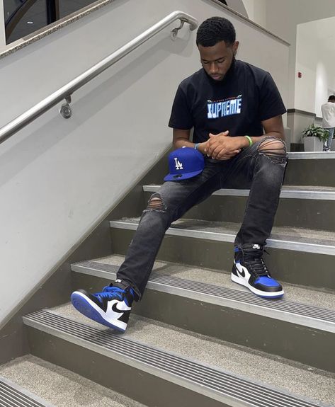 Blue And Black Jordan 1 Outfit, Nike Dunks Outfit Men, Jordan 1 Royal Blue, Nike Dunks Outfit, Blue Outfit Men, Blue Sweater Outfit, White Denim Outfit, Black Sneakers Outfit, Royal Blue Pants