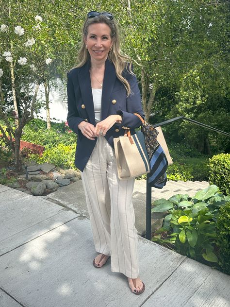 Woman wearing linen pants, sandals and navy blazer standing in front of garden stairway. 19th Century Mansion, Colonial Revival House, June Gloom, Palace Of Fine Arts, Pacific Heights, Summer Outfit Ideas, Text For Her, Garden Tours, Beauty Favorites