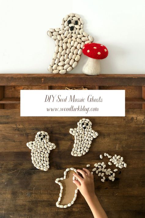 DIY Cardboard Seed Mosaic Ghosts- Woodlark Blog – Woodlark Scandi Halloween Decor, Eco Halloween Decorations, Seed Mosaic, Woodlark Blog, Autumn Handmade, Eco Crafts, Children Activities, Kid Projects, Homeschool Learning