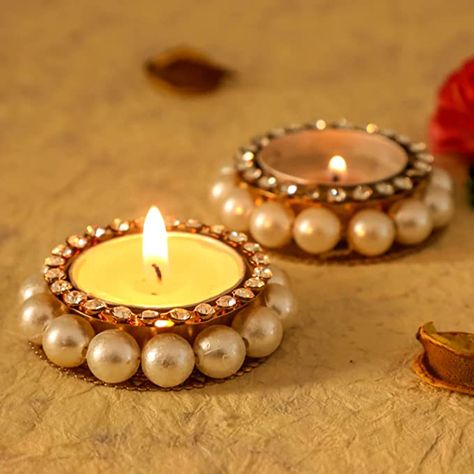 Amazon.com: Desi Favors Set of 2 Pearl tealight Holder for Diwali Gifts/Return Gifts : Home & Kitchen Diya Designs, Diya Decoration Ideas, Diwali Diya Decoration, Diwali Candles, Thali Decoration Ideas, Indian Wedding Favors, Diwali Decoration Items, Diy Diwali Decorations, Diwali Diya