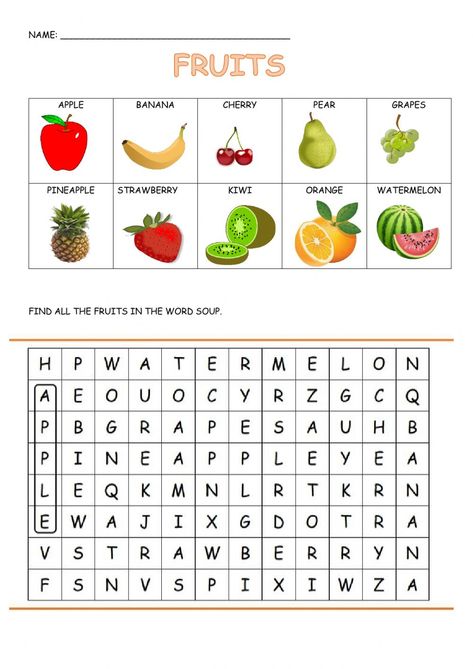 Fruit word soup - Ficha interactiva I Like Fruits Worksheet, Fruits Worksheet For Grade 1, Fruits Worksheets For Kindergarten, Fruits Activities For Kids, Fruit Worksheets For Kids, Fruits Worksheets For Kids, B Letter Words, Fruits Activity, Fruit Activity