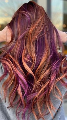 Ginger With Purple Highlights, Ginger Hair With Purple Highlights, Fun Winter Hair Color Ideas, Creative Hair Color Placement, Orange And Purple Hair, Ginger Hair With Highlights, Purple And Orange Hair, Brown Hair Streaks, Hair Color Placement