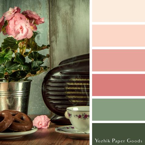 Green And Pink Bathroom, Flower Color Palette, Deco Rose, Pink Color Schemes, Green Color Schemes, Pink Living Room, Green Palette, Color Palette Pink, Green Colour Palette