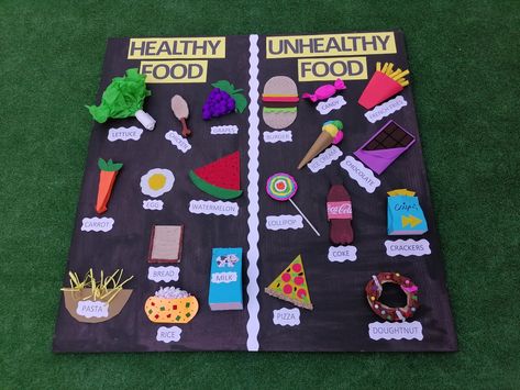 Healthy And Unhealthy Food Activities Kindergarten, Healthy Food School Project, Healthy Unhealthy Food Craft, Healthy Food Unhealthy Food Activities, Healthy And Unhealthy Food Poster, Healthy Food Chart For Kids Project, Healthy And Unhealthy Food Project, Healthy And Unhealthy Food Activities, Healthy Food Activities For Preschool