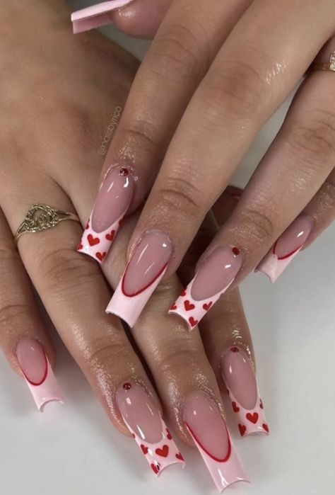 Nail Inspo Girly, Red Initial Nails, Nail Ideas With Hearts, Cute Nail Ideas Pink, French Tips Designs, Red Gel X Nails, Valentin Nails Designs Love, I Heart Me Nails, Square Nail Ideas