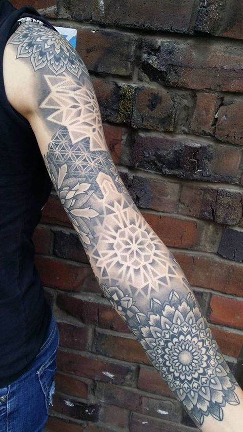 Black and gray mandala full sleeve tattoo Dot Work Mandala Tattoo Sleeve, Dotwork Mandala Sleeve, Shading Tattoo Ideas Full Sleeves, Layered Mandala Tattoo, Geometric Tattoo Negative Space, Geometric Shading Tattoo, Spiritual Realism Tattoo, Black And Shaded Tattoos, Mandala Shading Tattoo