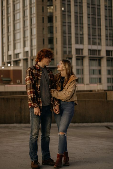 Couples Photoshoot Parking Garage, Parking Garage Engagement Photos, Parking Garage Couple Photoshoot, Parking Garage Photoshoot Couple, Downtown Couple Photoshoot, Parking Garage Photoshoot, Rooftop Photoshoot, Band Photoshoot, Prom Poses