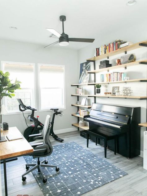 Home Office Music Room Combo, Desk And Piano Room, Office With Dresser, Home Office And Music Room Ideas, Office And Piano Room Combo, Home Office With Piano And Desk, Office With Piano And Desk Layout, Piano Office Room, Music Room Office Combo