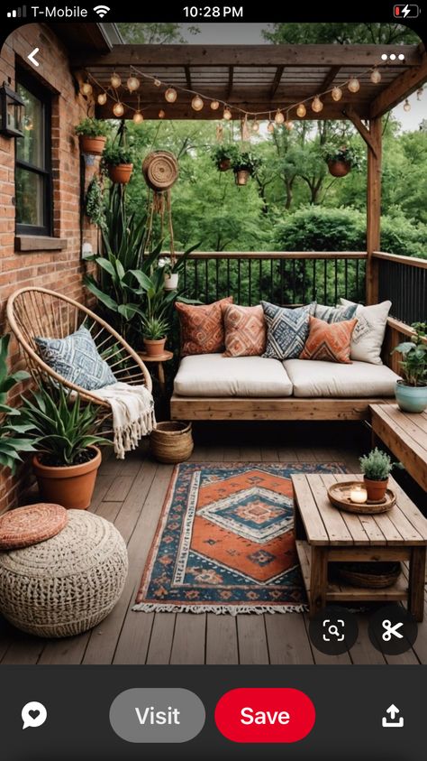 Porch Decorating Boho, Apartment Porch Ideas, Small Back Porches, Boho Porch, Apartment Porch, Small Back Porch Ideas, Natural Interior Design, Boho Apartments, Porch Remodel