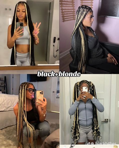 Braid Ideas Color, Black And Blonde Knotless Braids With Curls, Long Braids With Color, Box Braids Highlights, Cute Box Braids Hairstyles With Color, Black Blonde Braids, First Day Of School Hairstyles Braids, Color Combo Braids, Back To School Hairstyles Black