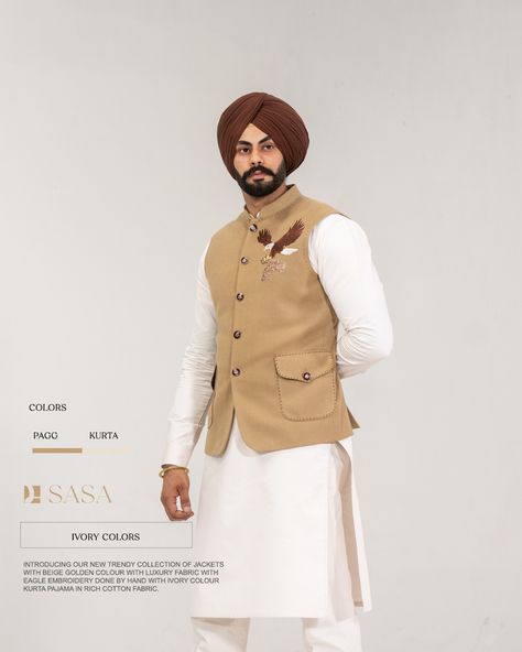 Introducing our new trendy collection of jackets with beige golden colour with luxury fabric with eagle embroidery done by hand with Ivory colour kurta pajama in rich cotton fabric. Kurta Pajama Men With Waist Coat, Kurta With Waist Coat For Men, Kurta Pajama Men Punjabi, Kurta Pajama With Nehru Jacket, Wedding Suits Men Black, Indian Wedding Suits Men, Indian Groom Dress, Eagle Embroidery, Real Men Real Style