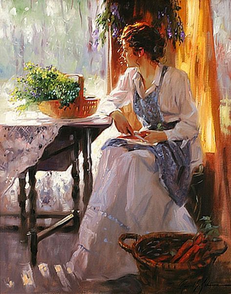 Pino, pino deani,Impression figures, oil painting, canvas,masterpiece Richard S Johnson, Contemporary Expressionism, 수채화 그림, Country Charm, Classical Art, Woman Painting, The Window, Figurative Art, Figure Painting