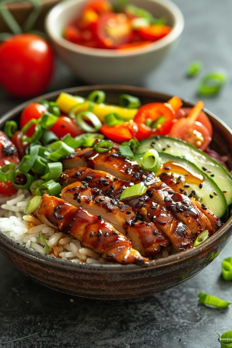 Teriyaki chicken bowl with rice, sliced avocado, and fresh vegetables, garnished with green onions and sesame seeds. Teriyaki Chicken Ramen Bowl, Poke Bowl Chicken Teriyaki, Nutritional Lunch Ideas, Lunch For Guests Ideas, Healthy Teriyaki Chicken Bowl, Teriyaki Chicken Avocado Rice Stack, Asian Chicken Bowl Recipe, Chicken Burger Bowl, Teriyaki Bowls Chicken