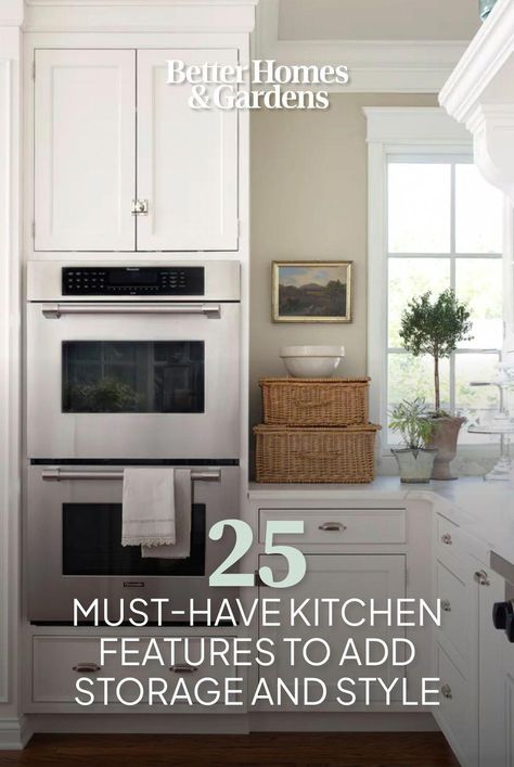 Enhance your kitchen with must-have features, including smart storage solutions, specialty appliances, and more. These kitchen upgrades make a major impact without a huge investment. #doubleoven #traditionalkitchen #kitchenideas #bhg Custom Kitchen Must Haves, Must Have Home Features, Must Haves For New House, Kitchen Must Haves When Building, Must Have Kitchen Cabinet Features, Kitchen Appliance Storage Ideas, Smart Kitchen Storage, Kitchen Appliances Layout, Must Have Kitchen Appliances