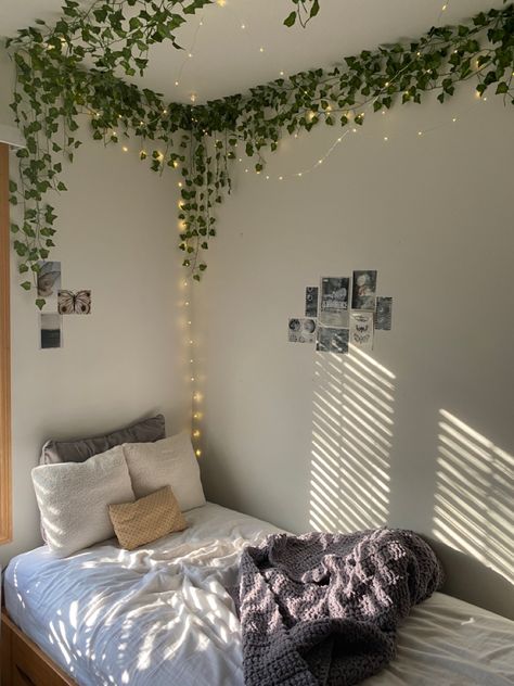 Vines, fairy lights, cozy, posters Room Decor Vines And Lights, Cute Vine Ideas For Room, Ivy Leaves And Fairy Lights, Cute Room Ideas With Vines, Vines In Bedroom Ideas Cozy, Vines In A Room, Leave Vine Room Decor, Vibes And Fairy Lights Bedroom, Farie Lights Bedroom