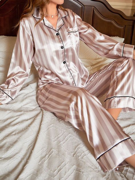 Striped Print Contrast Piping Satin PJ SetI discovered amazing products on SHEIN.com, come check them out! Sleepwear Aesthetic, Pijama Satin, Summer Pregnancy Outfits, Pajamas Aesthetic, Sleepwear Women Pajamas, Satin Pj Set, Pyjama Satin, Striped Pant, Cute Pajama Sets