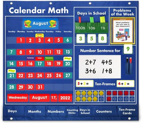 -All-in-one Math Calendar: Over 240 cards in words and numbers with cute illustrations and vibrant colors. 33 double sided number cards, 40 counters for the ten-frames, plus 20 activities cards and 50 problem-solving cards etc. The Math Calendar includes everything you need to teach daily math concept during calendar time. Classroom Pocket Charts, Math Calendar, Calendar Classroom, Teaching Calendar, School Preparation, Calendar Math, Writing Area, Classroom Calendar, Calendar Time