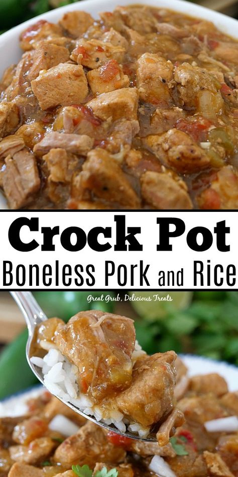 Crock Pot Boneless Pork and Rice is an easy crock pot meal, loaded with delicious pork and served over rice. Boneless Pork Chops And Rice, Pork And Rice Recipes, Pork Roast Crock Pot Recipes, Pork And Rice, Boneless Pork Ribs, Crockpot Pork Roast, Pork Chops And Rice, Pot Roast Crock Pot Recipes, Pork Crockpot Recipes