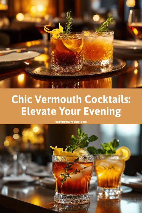 Two elegant vermouth cocktails garnished with herbs and citrus on a dimly lit upscale table setting. Vermouth Cocktails, Quick Sweets, Chic Dinner Party, Vermouth Cocktail, Easy Zucchini Recipes, Pot Recipes Healthy, Krispie Treats Recipe, Easy Lunch Recipes, Sweet Delights