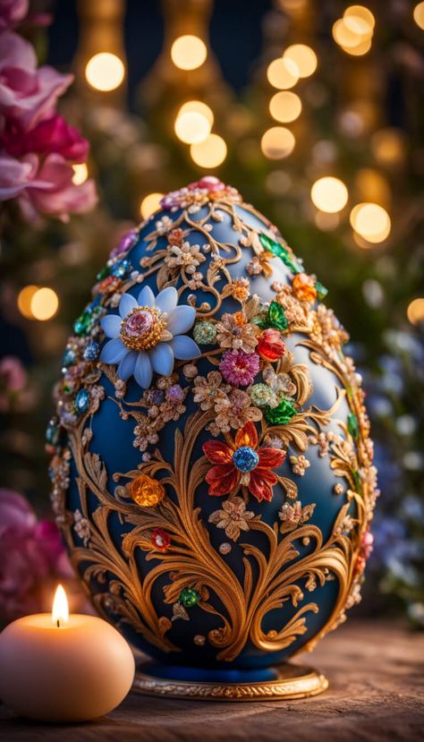 Easter egg encrusted with precious gems, craved porcelain flowers - AI creation Fancy Ornaments, Animated Christmas Pictures, Unique Easter Eggs, Decorative Eggs, Egg Shell Art, Easter Egg Art, Android Wallpaper Art, Magical Images, Easter Egg Wreath