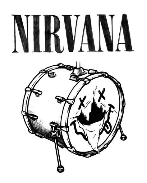 Band Logo Drawings, Black And White Nirvana Poster, Nirvana Coloring Pages, Punk Rock Drawings, Nirvana Drawing Ideas, Nirvana Stencil, Black And White Band Posters, Rock Music Drawing, Nirvana Sketch