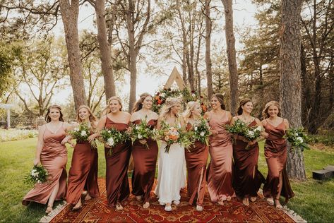 rust color palette for bridesmaids - revelry dresses in desert rose + cinnamon rose + terracotta rust Fall Ombre Bridesmaid Dresses, Cinnamon Rust Bridesmaid Dresses, Spice Bridesmaids Dresses, Terracotta Rose Wedding, Cinnamon Rose Revelry, Rust And Rose Wedding, Terracotta Wedding Mother Of The Bride, Cinammon Rose, Terracotta And Burgundy Bridesmaid Dresses