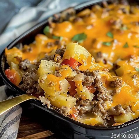 Hamburger and Potato Casserole Hamburger Carrots Potatoes Casserole, Hamburger Potato Corn Casserole, Cheese Burger Potato Casserole, Hamburger Carrots And Potatoes, Pizza Potatoes Casserole, Amish Hamburger With Fall Veggies Bake, Hamburger And Red Potato Recipes, Russet Potato Casserole Recipes, Cowboy Potato Casserole