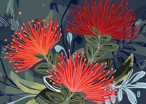 Full image | Felt Pohutukawa Illustration, Pohutukawa Art, Pohutukawa Flower, Nz Art, Australian Native Flowers, Hummingbird Art, Large Art Prints, Native Flowers, Australian Flora