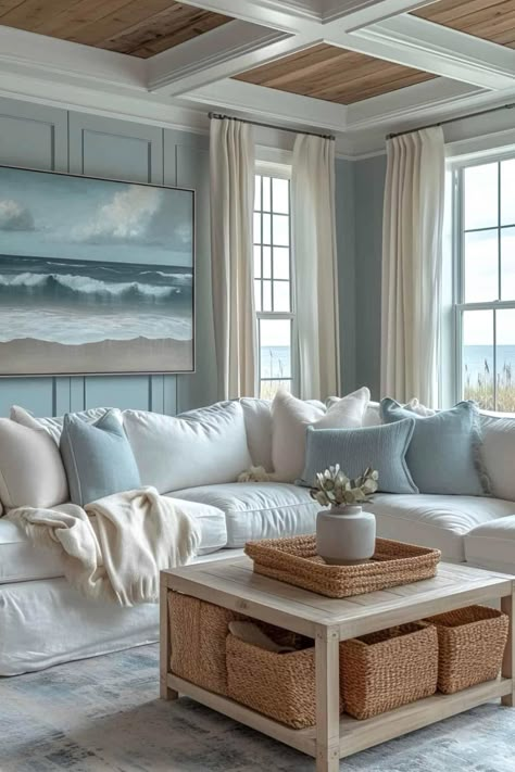 Comfy Coastal Living Room, Costal Bedroom, Beach House Colors, Hamptons Beach House, Hamptons Beach, Beach House Living Room, Beach House Interior Design, House Interior Design Styles, Dream Beach Houses