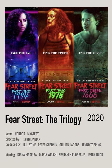 Fear Street: The Trilogy 2021 Fear Street Polaroid Poster, Halloween Sleepover, Mystery Genre, Halloween Movie Night, Fear Street, Polaroid Poster, Film Posters Vintage, Disney Jokes, Thriller Movies